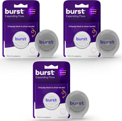 BURST Expanding Dental Floss (Mint Eucalyptus/120 Yards) | Stain Absorbing & Woven with Xylitol Coating to Fight Cavities | Vegan | Paraben Free