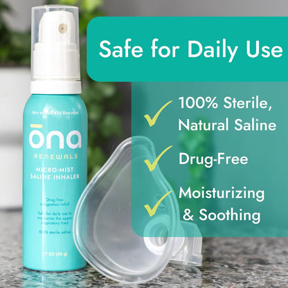 ONA Renewals Saline Micro-Mist Nasal Inhaler, Congestion Relief for Adults, Cold and Flu, Allergy, Sinus Relief, Unscented, 1.7oz