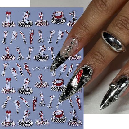 6 Sheets Halloween Nail Art Stickers 3D Self -Adhesive Bloods Hand Skeleton Nail Decals Holographic Blood Knives Nail Stickers Halloween Nail Decoration for Women Manicure Supplies