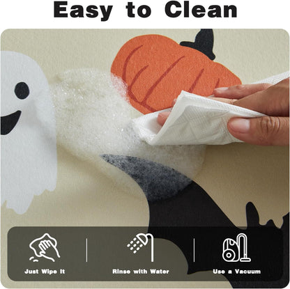 Halloween Bath Mat, Thin Bathroom Rug Non Slip Quick Dry Pumpkin Bath Mat Fits Under Door Thin Floor Mat Halloween Decor, 17''x30'', Pumpkins Bats and Ghost