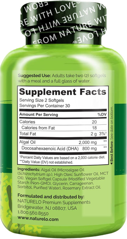 NATURELO Vegan DHA - Omega 3 Oil from Algae - Supplement for Brain, Heart, Joint, Eye Health - Provides Essential Fatty Acids for Women, Men and Kids - Complements Prenatal Vitamins - 60 Softgels