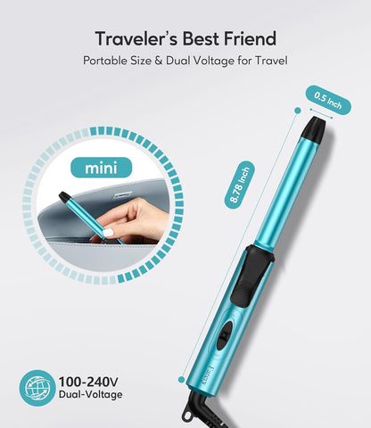 Travel Size Mini Curling Iron, Dual Voltage 1/2 Inch Ceramic Mini Hair Curler for Short Hair, Infused with Keratin & Argan Oil, Travel Curling Iron with Storage Bag
