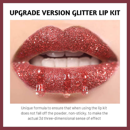 3 Colors Glitter Lip Kit, Diamond and Glitter Metallic Lip Powder with Lip Primer, Waterproof Long Lasting & Smudge Proof, Shimmer Sparkly Glitter Lip Cosmetic without Sticky Flake Off Set A