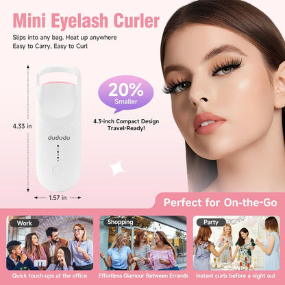 DUDUDU Heated Eyelash Curler, Portable Travel-Size Mini Electric Heated Lash Curler - 2-Level Adjustable Temp & Type-C Recharge, 10S Heat 3S Style 24H Lift for Long-Lasting Natural Effortless Curves