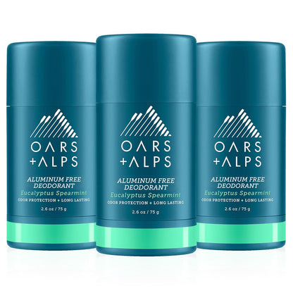 Oars + Alps Aluminum Free Deodorant for Men and Women, Dermatologist Tested and Made with Clean Ingredients, Travel Size, Eucalyptus Spearmint, 3 Pack, 2.6 Oz Each
