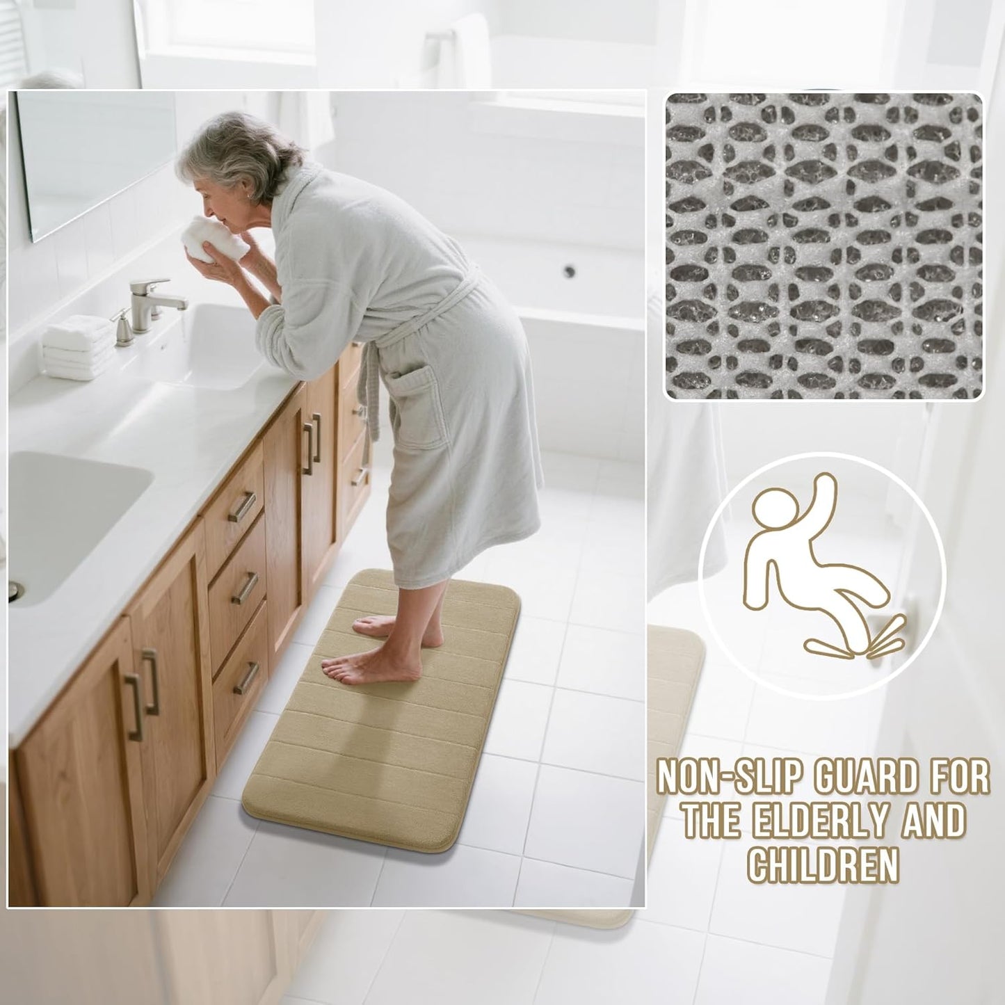 Yimobra Memory Foam Bath Mat, Super Soft Absorbent Bathroom Rug Non Slip 31.5x20 Inch, Quick Dry, Machine Washable Floor Carpet for Tub Shower, Home Decor Accessories, Pale Khaki
