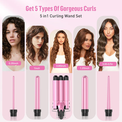 Waver Curling Iron Wand - BESTOPE PRO 5 in 1 Curling Wand Set with 3 Barrel Hair Crimper for Women, Fast Heating Crimper Wand Curler in All Hair Type, Women Gifts - Pink