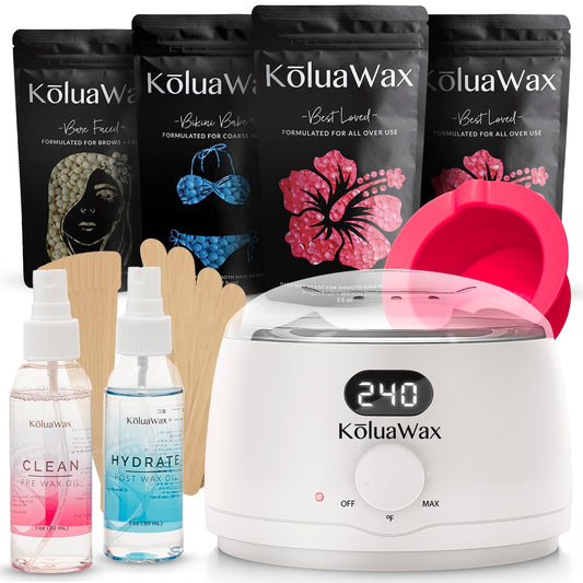 KoluaWax Premium Waxing Kit for Women - Hot Melt Hard Wax Warmer for Hair Removal, Eyebrow, Bikini, Legs, Face, Brazilian Wax - Machine, 4-Pack Beads, Accessories, White