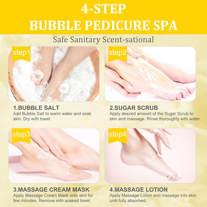 Pedicure Kit Foot Soak Set: Bubble Salt, Sugar Scrub, Massage Mask, Massage Lotion in a Box, 4 Step Foot Spa Kit for Dry Feet, Calluses and Tired Feet(3 Set Milky Flower)