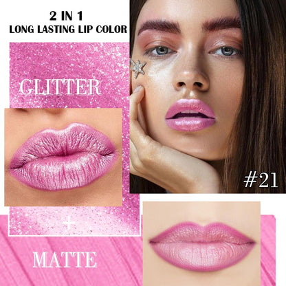 evpct Pink Metallic Glitter Lip Liner and Lipstick Combo Lip Gloss Stain Set Makeup for Women Long Lasting Waterproof 24, Rose Pink Metallic Shimmer Frosted Iridescent Glossy Liquid Lipstick 21