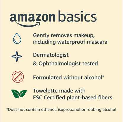 Amazon Basics Makeup Remover Wipes, Gentle Cleansing, Dermatologist Tested, Night Calming, Plant Based, Alcohol Free, Removes Waterproof Mascara, 25 Count Per Pack, Pack of 6 (Previously Solimo)