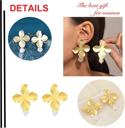 Boho Big Flower Drop Earrings Vintage Gold Floral Petal Dangle Earrings Statement French Flower Pearl Drop Earrings Studs Wedding Bridesmaid Earrings Jewelry for Women