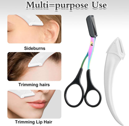 6 Pcs Eyebrow Trimmer Scissors with Comb, Curved Eye Brow Razor, Non-Slip Stainless Steel Facial Hair Removal Grooming, Brow Shaping Beard Shaving Kit Beauty Accessories for Women Men (Black)