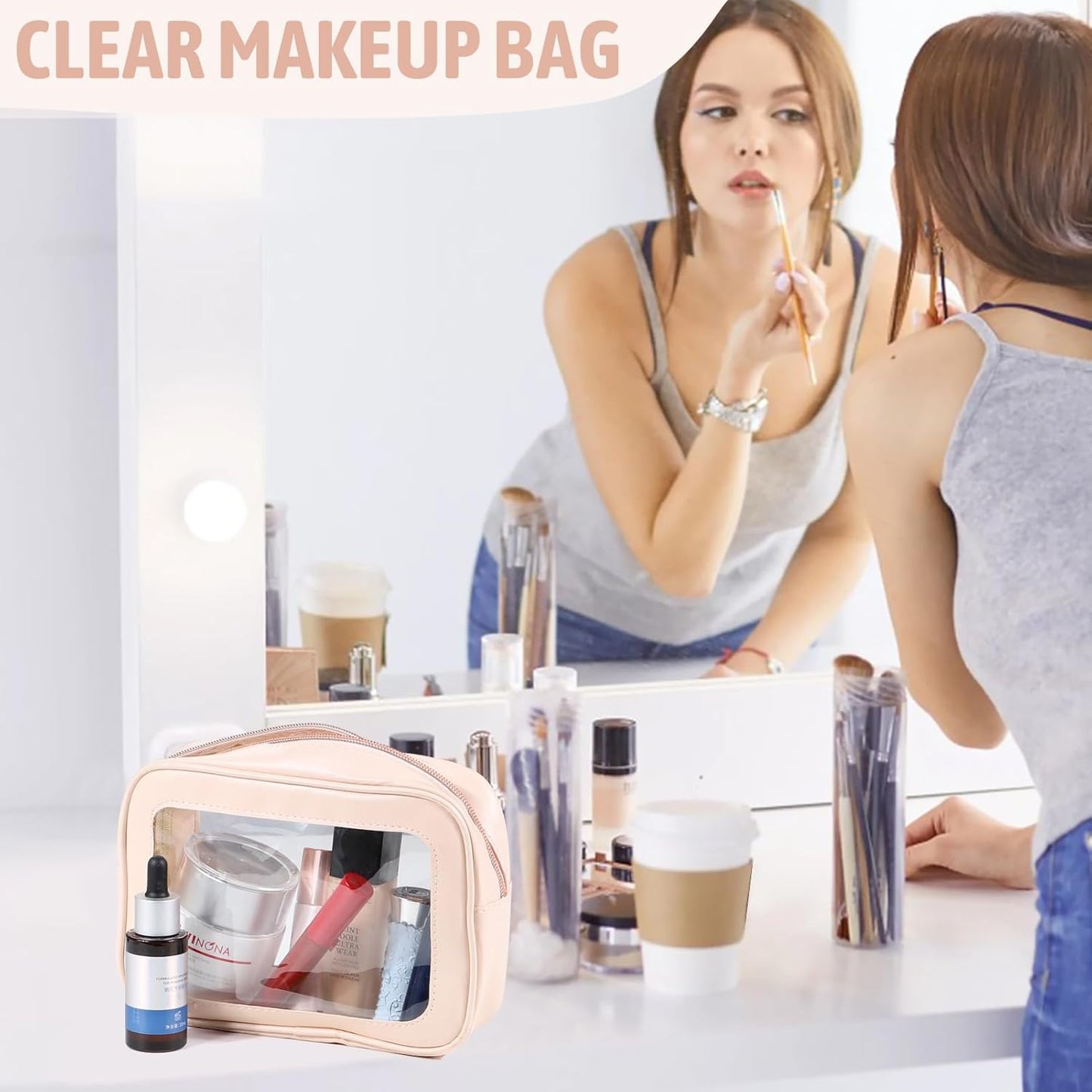 5PCS Clear Toiletry Bag,TSA Approved Travel Makeup Pouch with Zipper for Cosmetics and Toiletries，Diaper Bag Organizer Pouch Set，Women's Purse Organizer and Clear Car Bag