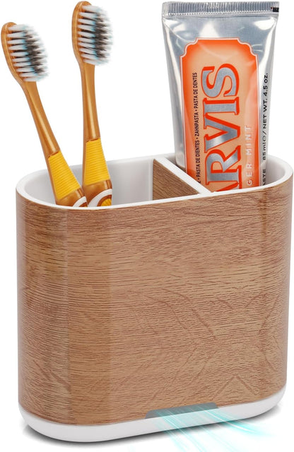 Toothbrush and Toothpaste Holder with Divider for Bathroom Countertop Organizer, 2 Slots Electric Toothbrush Holders Storage Caddy Drainage for Family, Kids(Wood Grain)