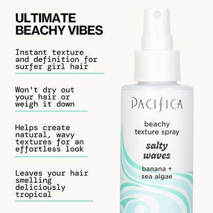 Pacifica Salty Waves Sea Salt Texturizing Spray, Coconut Scent 4oz – Beachy Waves Hair Spray for Tousled Texture & Volume, Surf Salt Spray with Coconut & Sea Algae, Lightweight, Vegan