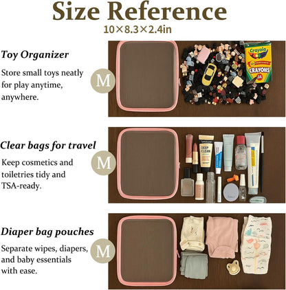 4 pcs Clear Zipper Pouches,Hard Shell Zipper Case, Toiletry Bag for Travel, CLear Diaper Bag, Toiletry Pouch, Travel Organizer, Clear Cosmetic Bag,Toy Storage Bins (M+3S) (Light Pink)