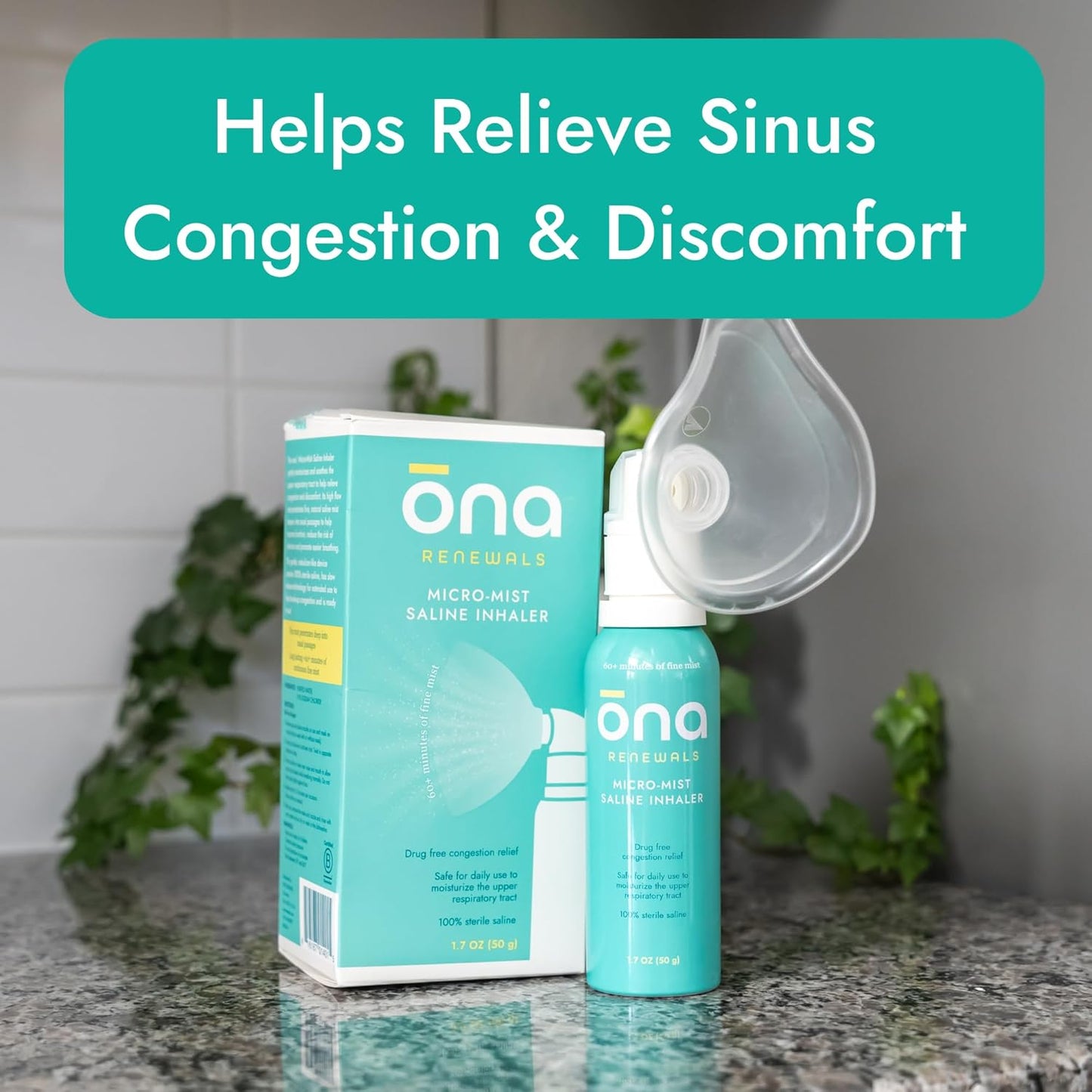 ONA Renewals Saline Micro-Mist Nasal Inhaler, Congestion Relief for Adults, Cold and Flu, Allergy, Sinus Relief, Unscented, 1.7oz