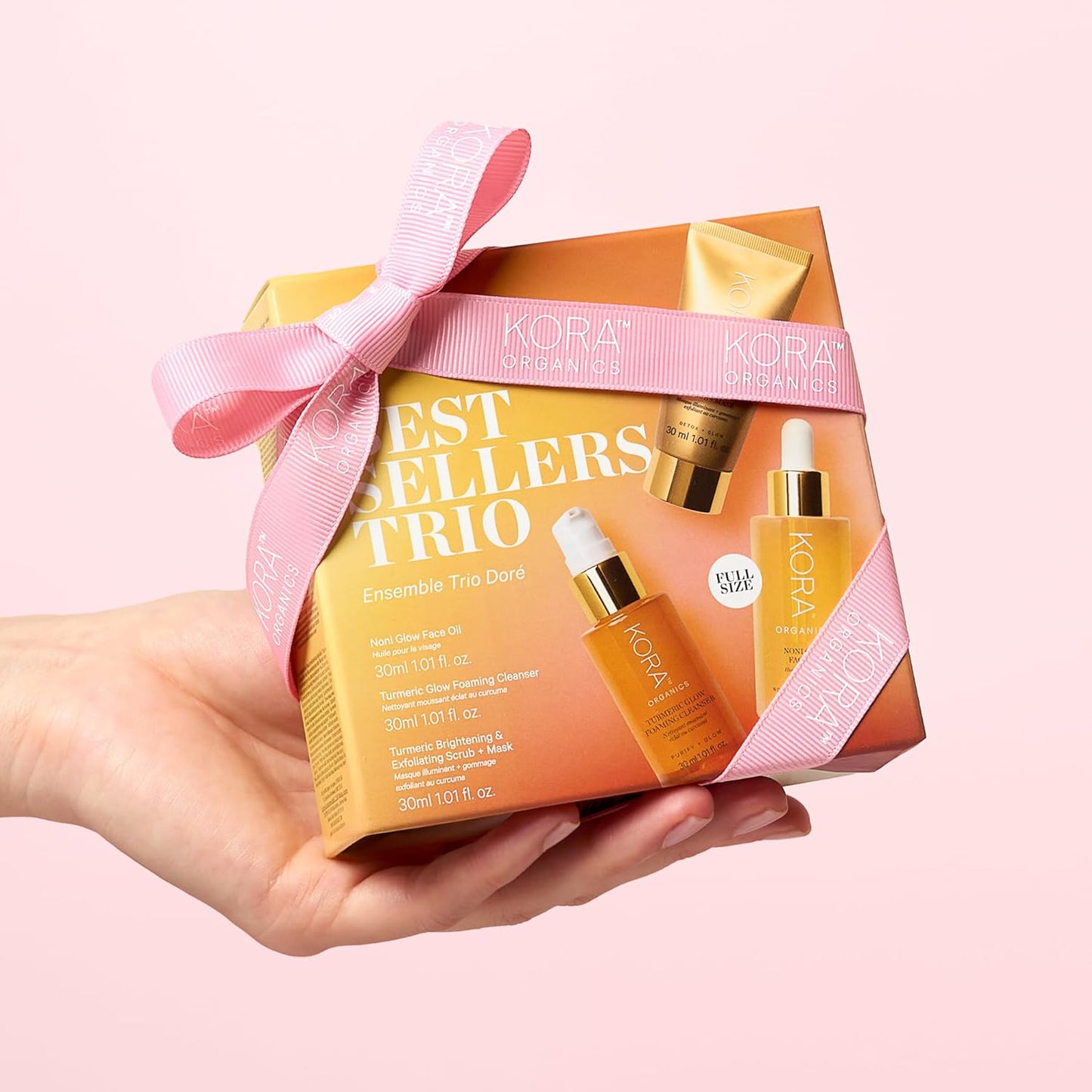 KORA Organics Best Sellers Trio, Gift Set with Noni Glow Face Oil, Turmeric Brightening & Exfoliating Mask and Foaming Cleanser (3 Items)