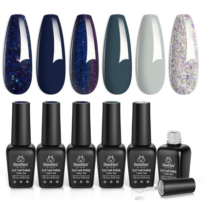 Beetles Blue Gel Polish Set, 6 Colors Glitter Dark Blue Sliver Gel Nail Polish Nail Art Design for Manicure Lovers DIY at Home