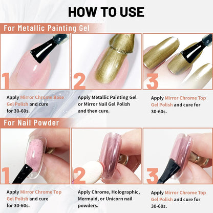 15ml Top Coat and Base Coat Set for Metallic Mirror Painting Gel, No Wipe Clear Top and Base Coat for Nail Polish, Chrome Nail Powder