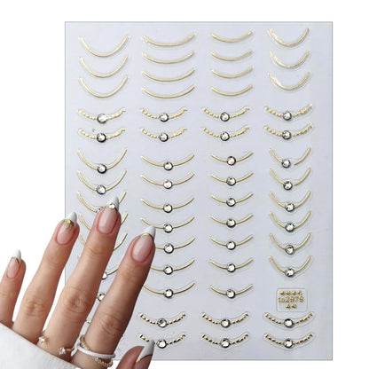 2 Sheets French Tips Nail Art Stickers - 5D Holographic French Simple Gold Silver Line Nail Stickers with Crystal Diamond Design Nail Decals for Women Manicure Decorations