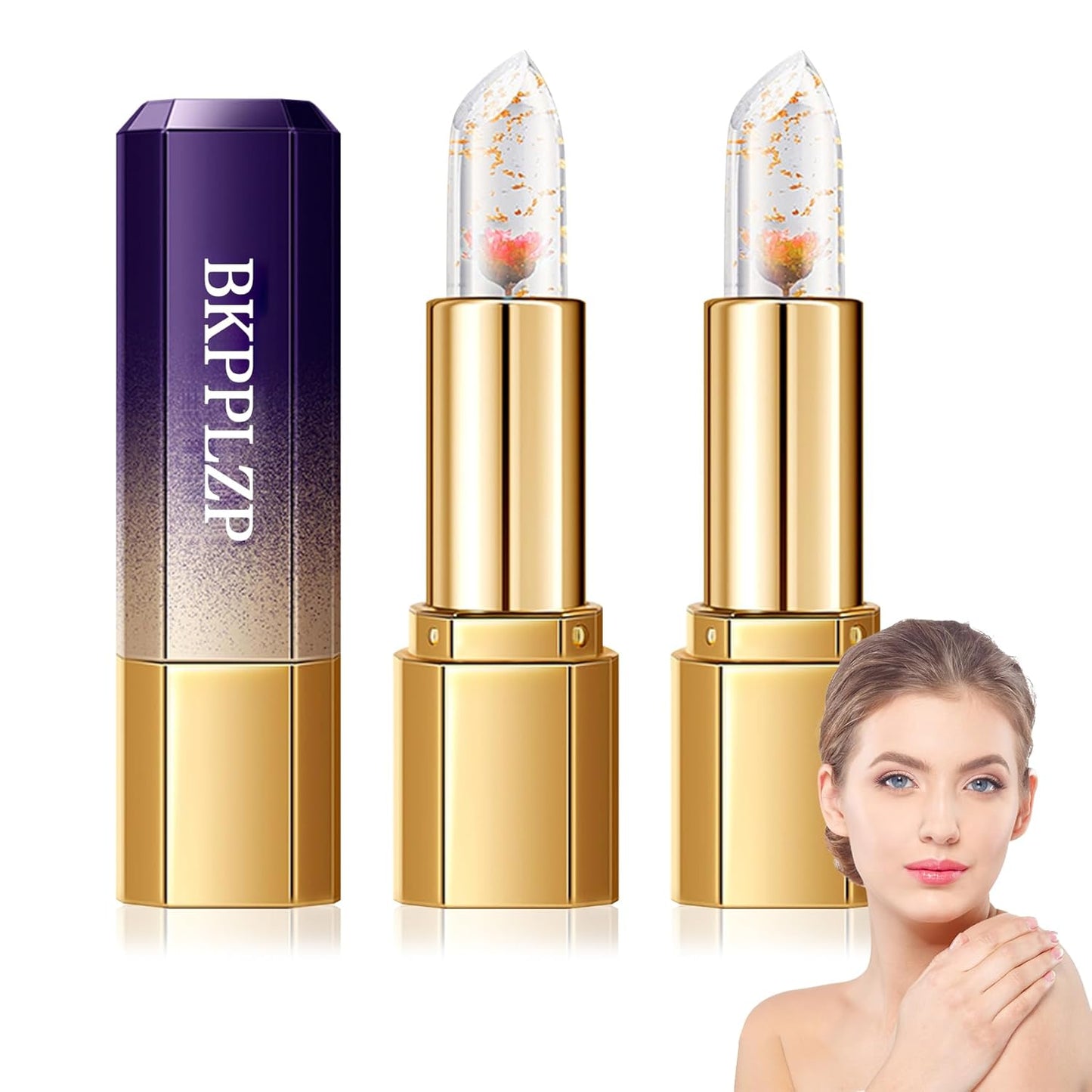 2 Pack Crystal Flower Jelly Lipstick,Magic Color Changing Lipstick,PH Clear Temperature Color Changing Lip Gloss,Lip Balm,Long Lasting Nourishing Moisturizing Lip Stick Set H02+03
