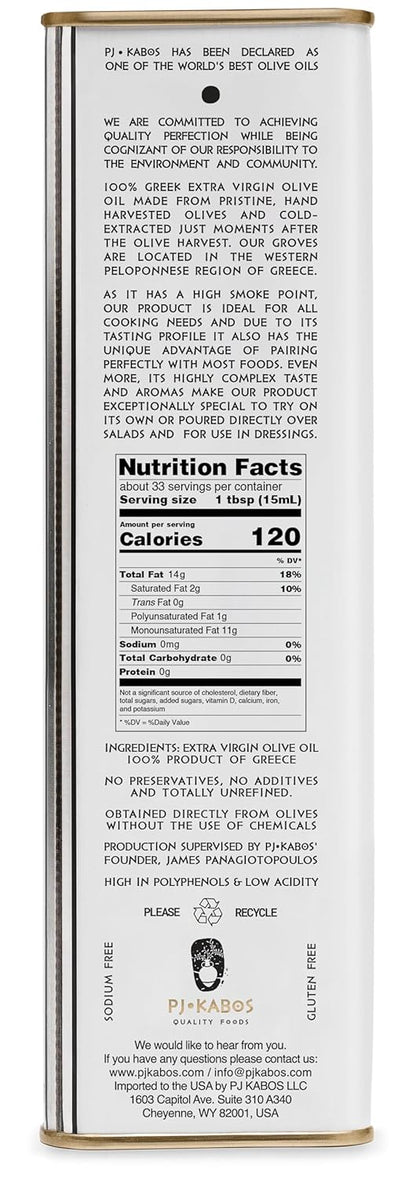 P.J. KABOS 2024/25 Harvest, High Phenolic (450+mg/kg), Premium Greek Extra Virgin Olive Oil, Kosher, Greece, Cold Extracted, 6 x 16.9 oz Tin, Koroneiki, "Family Reserve - Medium"