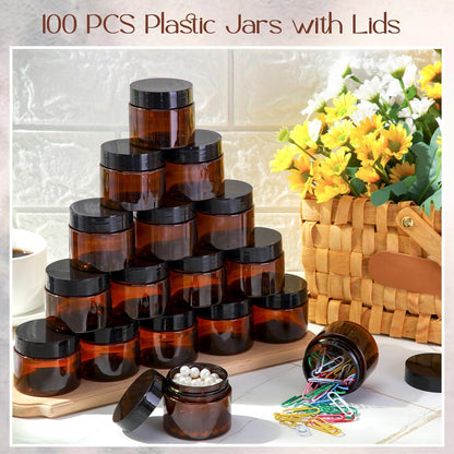 SATINIOR 100 Pcs Plastic Jars with Lids Small Containers Lids Wide Mouth Small Plastic Containers for Lotion Cream Rhinestones Body Butters Travel Storage(2 oz,Amber)