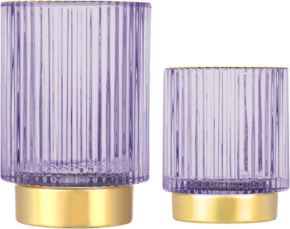 DASITON Makeup Brush holder Organizer,Crystal Cosmetic Makeup Brush Glass Brushes Storage Holder, Vintage Make Up Brush Cup Pen Pencil Holder striped vase(Purple S+L)