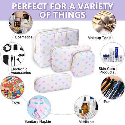 Small Pencil Case Makeup Bag for Purse, Cute Pencil Pouch Nylon Preppy Makeup Brush Bag with Zipper, Girls Portable Stationery Storage Case for Office School College(Slim-White Heart)