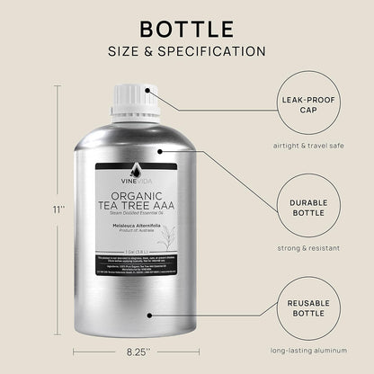 VINEVIDA Organic Tea Tree Essential Oil - Gallon, Pure, Undiluted, Vegan, Sustainable, Recyclable Aluminum Bottle