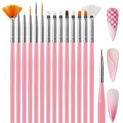 Artdone 15pcs Pink Nail Art Brushes, Nail Art Tool Set, Dotting Tools, Dust Brush,Striping Brushes for Long Lines, Drawing Pen For Gel Polish Design supply
