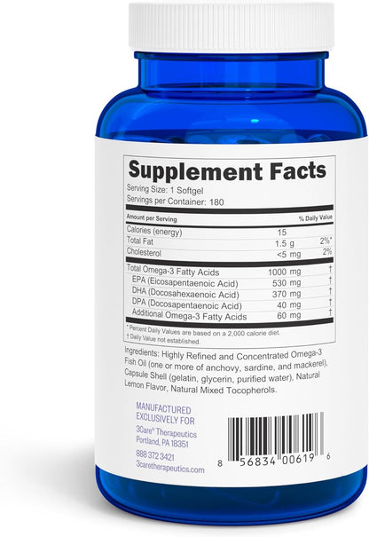 Norway Direkt Omega-3 Fish Oil 2,000mg of Omega-3 per 2 softgel| 1060mg EPA, 740mg DHA (2 Soft-Gel Serving) Pharmaceutical Grade (180 Softgels)