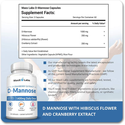 D Mannose Capsules - Fast Acting 1400 MG Extra Strength DMannose Capsule for Bladder Health with Potent Cranberry Extract & Hibiscus Flower Supports UTI Relief Supplement - 120 Ct