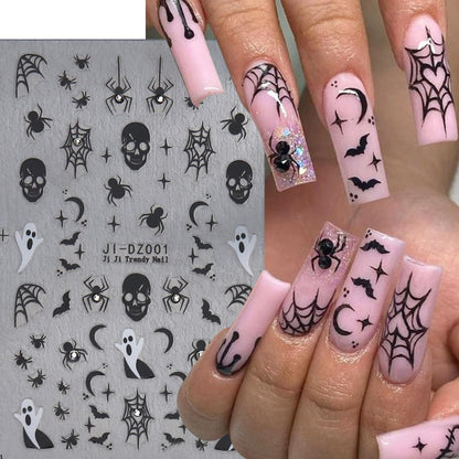 6Sheets Halloween Nail Stickers for Nail Art,3D Self-Adhesive Cute Ghost Spider Web Nail Decals with Rhinestones Design,Pink Pumpkin Spiders Skull Nail Art Stickers for Women Girls DIY Nail Decoration