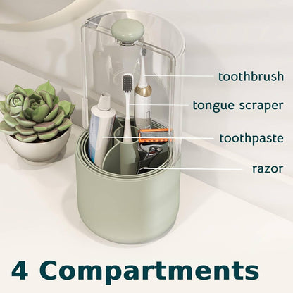 Toothbrush Holder with Cover 360 Rotating 4 Compartments Bathroom Toothpaste Electric Toothbrush Organizer, Light Green