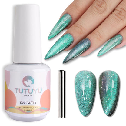 Aurora Green Cat Eye Gel Nail Polish,Iridescent Quicksand Galaxy Holographic Cateye Green Gel Polish with Magnet, Shimmer Velvet Soak Off Uv Led Home Diy Manicure GP0103