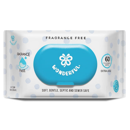 WONDERFUL Flushable Butt Wipes, Unscented 100% Plant-Based Wet Wipes for Adults & Kids, Sewer & Septic Safe, Gentle for Sensitive Skin, Wipes Flushable Pack for Bathroom & Travel, 1-Pack (60 Wipes)