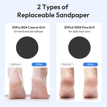 Electric Foot Callus Remover, 2-in-1 Rechargeable Portable Electric Foot File with 70pcs Sandpaper, Professional Pedicure Tools for Dead Skin, Hard Cracked, Dry Skin - Grey&Blue