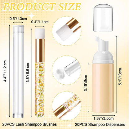 Zhehao 80 Pcs Lash Shampoo Bottle Brushes Kit 20 Foam Pump Dispensers 20 Lash Shampoo Brushes 20 Eyelash Aftercare Bag 20 Cleaning Pipes, Eyelash Extension Supplies(Gold)