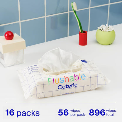 Coterie Flushable Wipes for Sensitive Skin, Hypoallergenic, 99% Water, Plant-Based Fibers, Sewer + Septic Safe to Flush, Fragrance Free Potty Training Toddler Toilet Wipes | 16 Packs (896 Count)