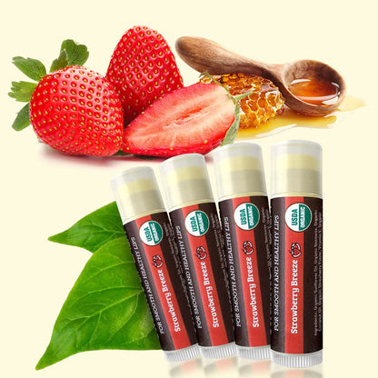 Earth's Daughter USDA Organic Lip Balm 4-Pack Strawberry flavor - Beeswax, Coconut Oil, Vitamin E - Best Lip Repair Chapstick for Dry Cracked Lips.