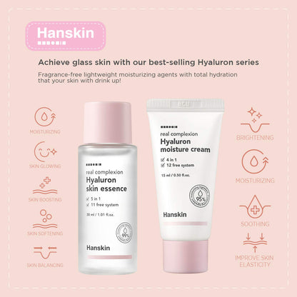 Hanskin Glass Skin On The Go Kit, Travel Friendly Hydrating Skincare Set for Glowing Skin, Cleansers, Skin Essence Toner and Moisturizer, Korean Skin Care [Set of 4 / 30 ml each]
