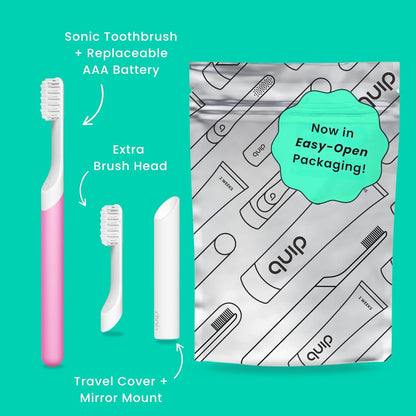 Quip Sonic Toothbrush for Adults with Timer - Includes Extra Brush Head and Travel Cover Mount - Electric, Soft Bristle Refill Head, Plastic Handle, 3 Month Battery Life - Travel Toothbrush - Magenta
