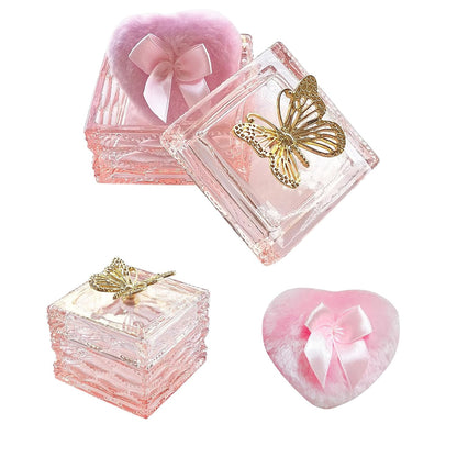 Body Powder Puff and Container - Glass Dusting Powder Container with Soft Puffs Vintage Powder Puff Case for Women & Girls (3.23x3.23x2.95 H IN) - GRB016-Pink