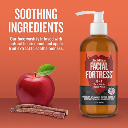 Dr. Eddie's Facial Fortress 3 in 1 Face, Hair, & Beard Wash - Beard Dandruff Shampoo for Men, Beard Cleanser, Face Wash, Beard Care, Face Soap with Pyrithione Zinc - 8 Fl Oz (Pack of 1)