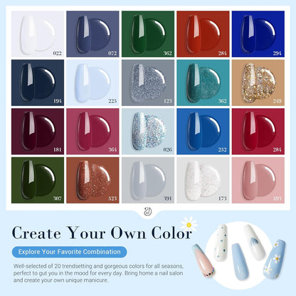 AZUREBEAUTY Dip Powder Nail Kit Starter Spring Summer Blue Red Green Glitter 31 Pcs 20 Colors Dipping Powder Liquid Set with Top/Base Coat Activator for French Nails Art DIY Salon Gift