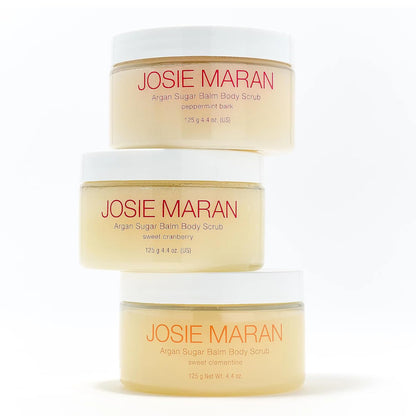 Josie Maran Argan Sugar Body Scrub Trio - 3-Piece Body Care Set - Softens, Smoothes & Hydrates Dry Skin - Includes Scents Sweet Clementine, Peppermint Bark & Sweet Cranberry (3 Count)
