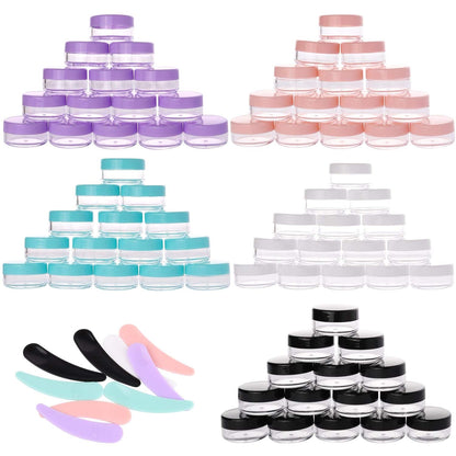 Refillable Cosmetic Sample Jars - 100 Pack 10g (0.35oz) Multi Color Small Travel Containers with Lids + 10 Mini Makeup Spatulas - BPA Free